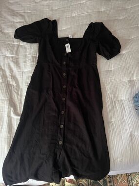 Old Navy Black Button-Down Puff Sleeve Midi Dress